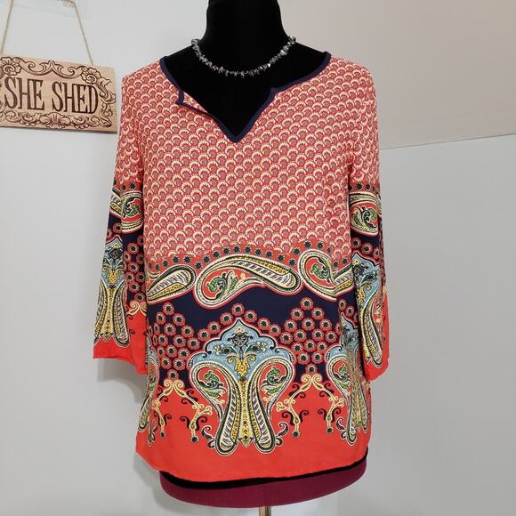 miami Tops - Split Neck 3/4 Sleeve Pullover Tangerine Paisley Tunic Top by Miami Medium